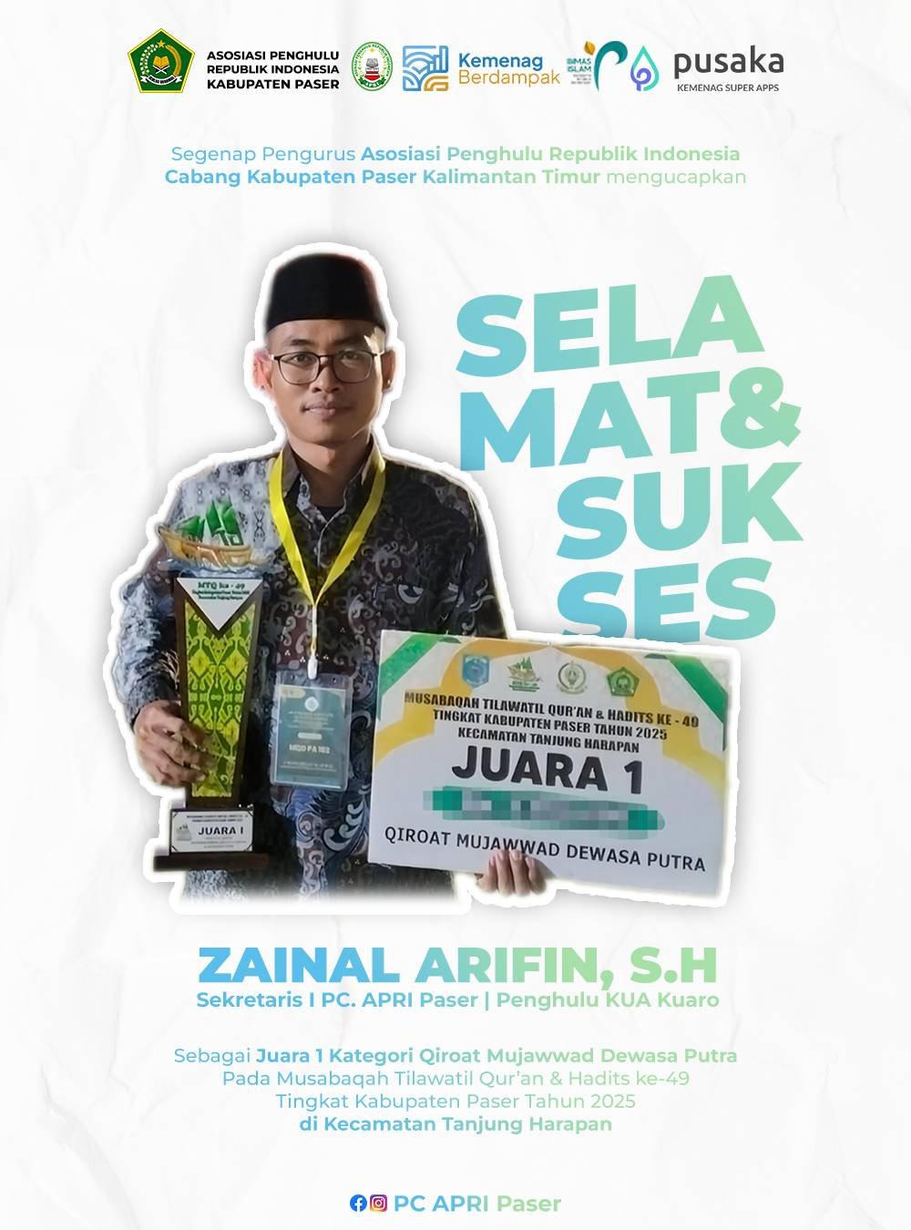 Prestasi Gemilang! Zainal Arifin Raih Terbaik I Kategori Qiroat Mujawwad MTQH ke-49 Kabupaten Paser