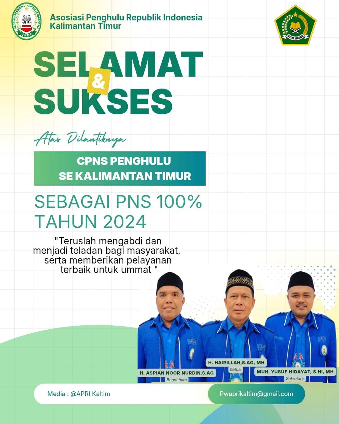 APRI Kaltim ucapkan Selamat Kepada CPNS Penghulu Se Kalimantan Timur yang telah dilantik dan  Menerima SK PNS 100%