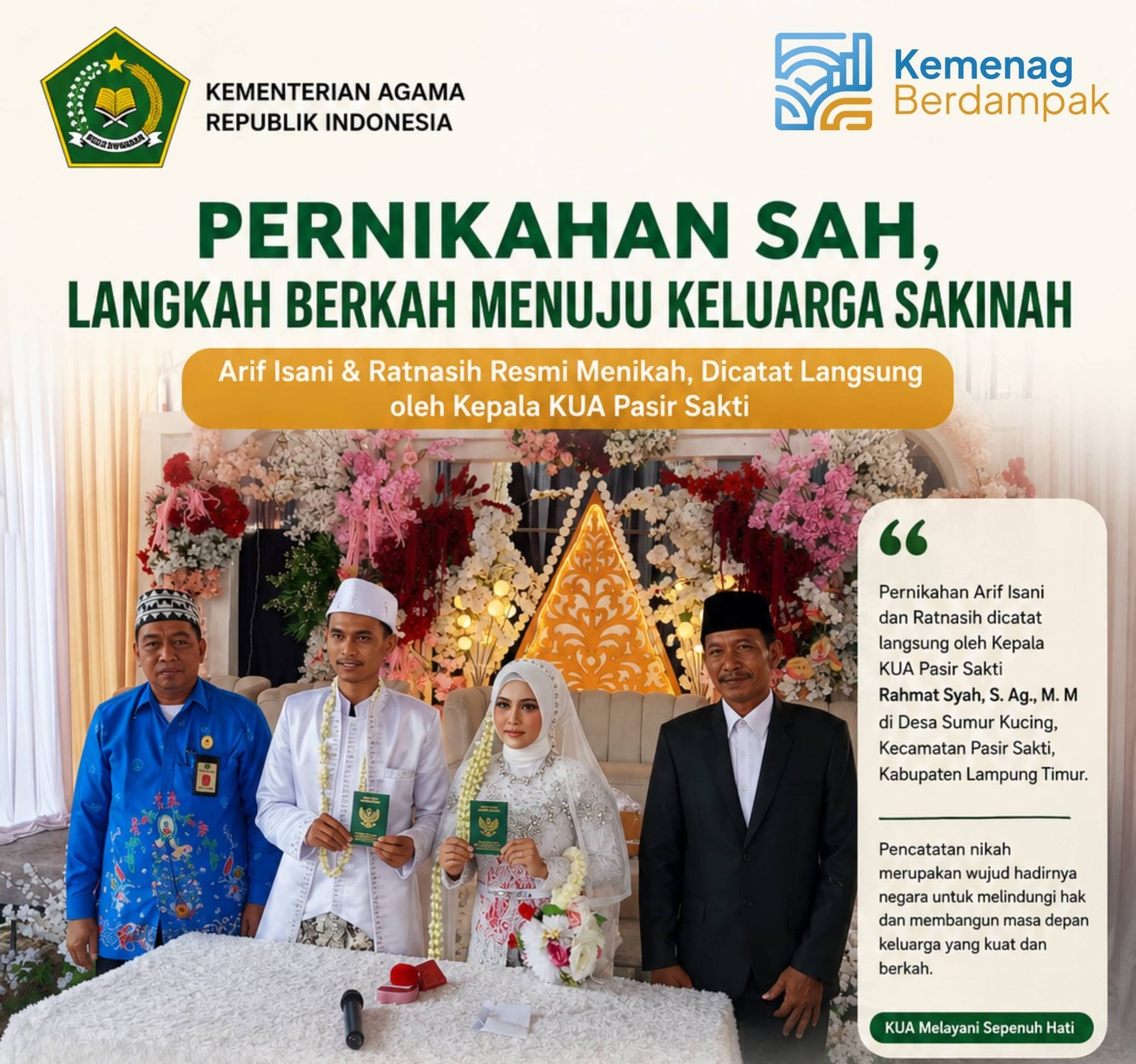 Kepala KUA Pasir Sakti Pimpin Akad Nikah Arif-Ratnasih
