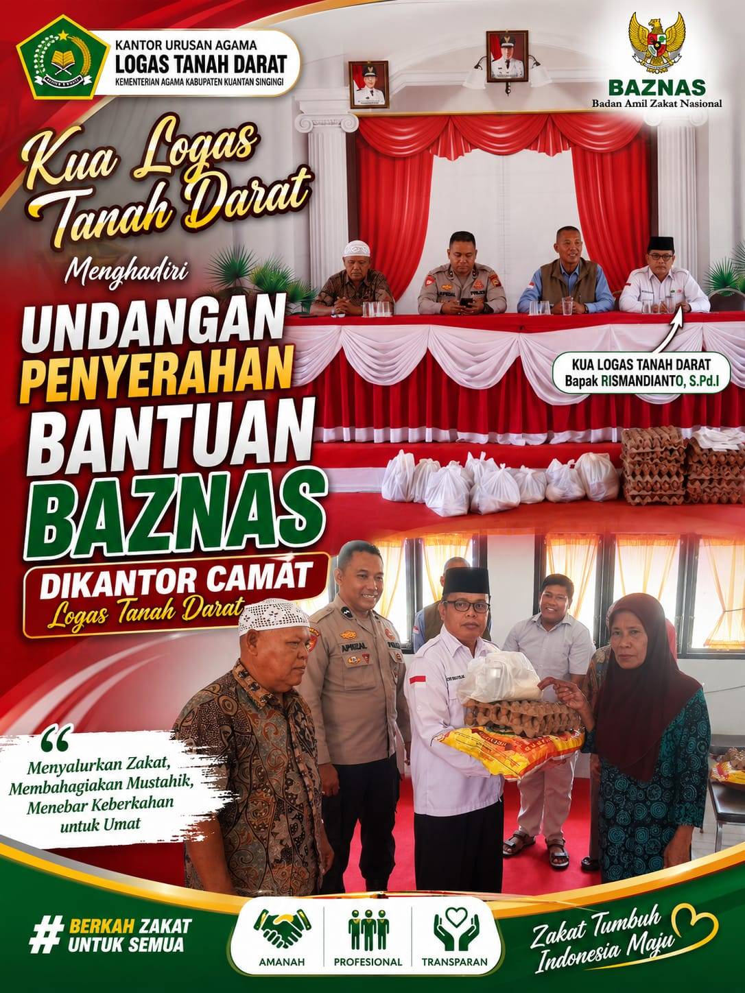 Sinergi Sentuh Hati, Kepala KUA Logas Tanah Darat Hadiri dan Serahkan Bantuan Sembako BAZNAS Kuantan Singingi