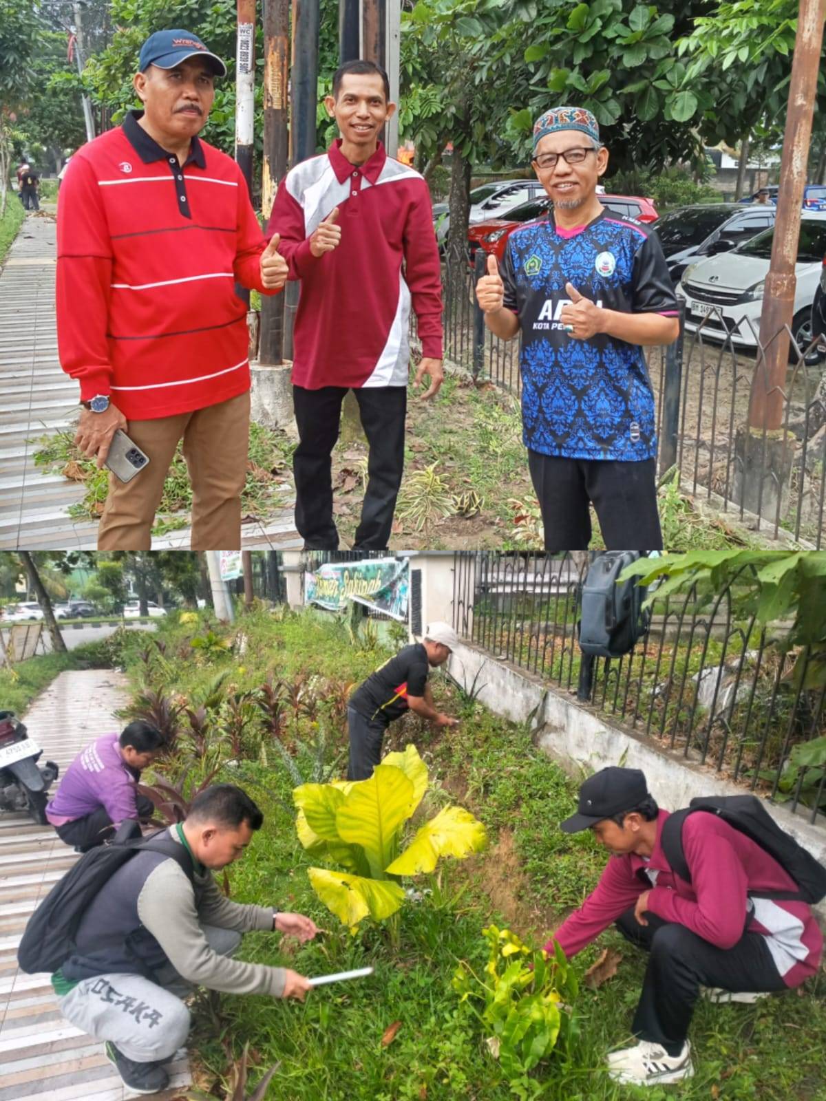 Ka. KUA Pekanbaru Kota dan Lima Puluh Turun Langsung Bersihkan Taman Di Kemenag Kota 