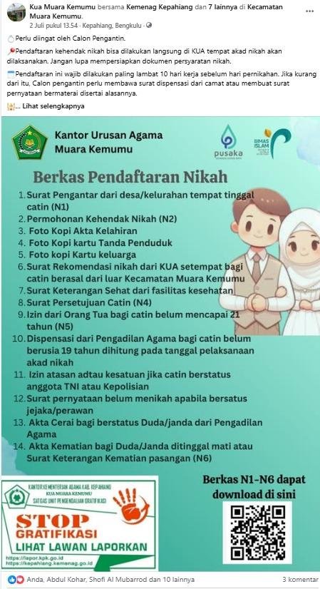 Permudah Layanan KUA Muara Kemumu Beri Informasi Berkas Pendaftaran Nikah Melalui Medsos