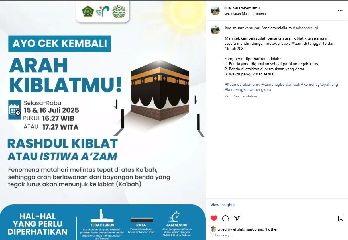 Istiwa A’zam, Kua Muara Kemumu Ingatkan Warga Melalui Medsos Cek Kembali Arah Kiblat