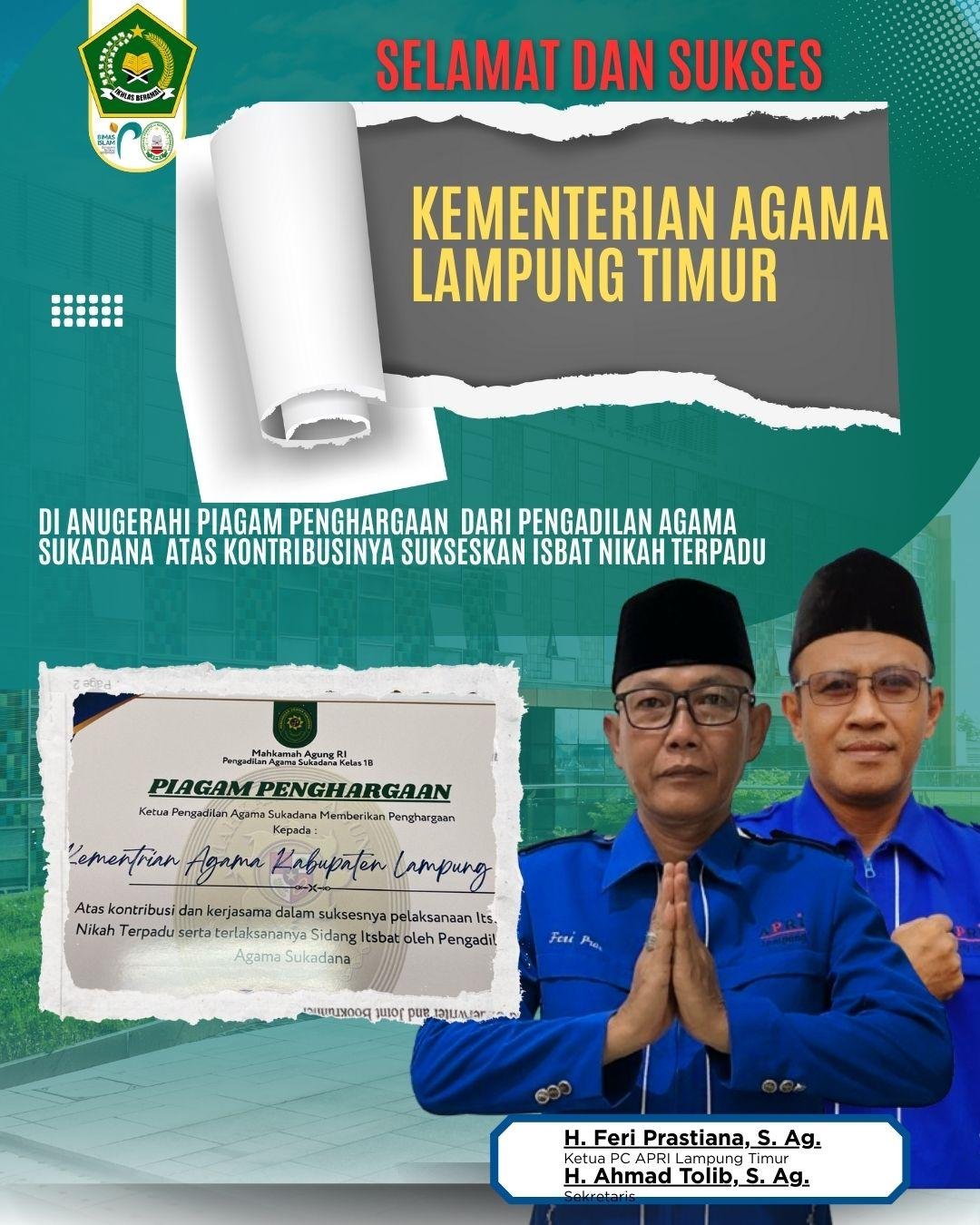 PC APRI Lampung Timur Apresiasi Kemenag Raih Penghargaan PA Sukadana