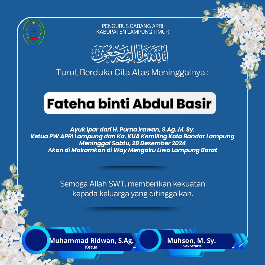 Duka Mendalam APRI Lampung Timur: Fateha binti Abdul Basir Berpulang
