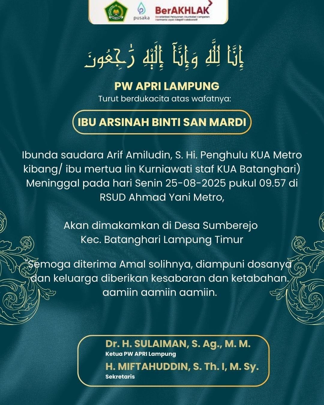 PW APRI Lampung Sampaikan Duka Mendalam atas Wafatnya Ibunda Penghulu KUA Metro Kibang