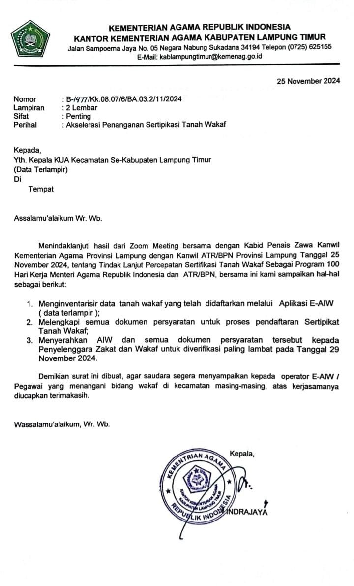 Kementerian Agama Kabupaten Lampung Timur Percepat Sertifikasi 20 Tanah Wakaf dengan E-AIW di 12 Kecamatan