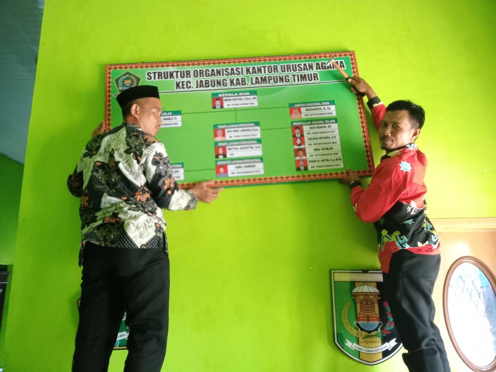 Semangat Staf KUA Jabung Pasang Papan Struktur demi Pelayanan Prima